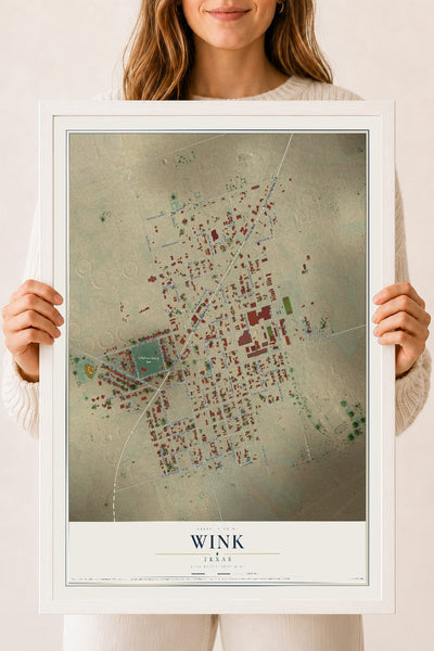 Map of Wink, Texas, 18 x 24 inch print in a white wood frame