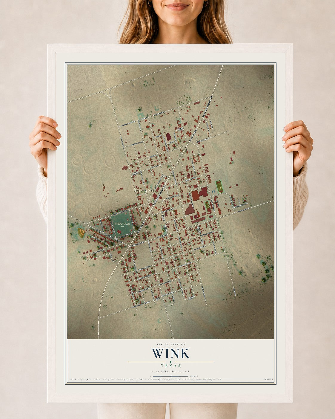 Map of Wink, Texas, 24 x 36 inch print in a white wood frame