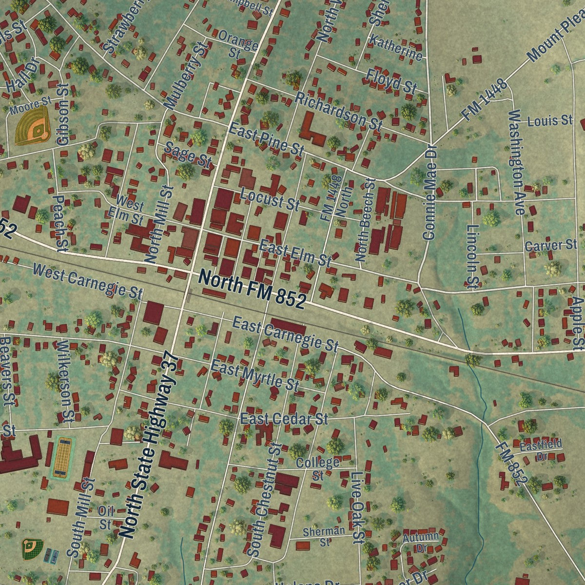 Close-up of the map of Winnsboro, Texas print showing street and building detail