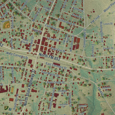 Close-up of the map of Winnsboro, Texas print showing street and building detail