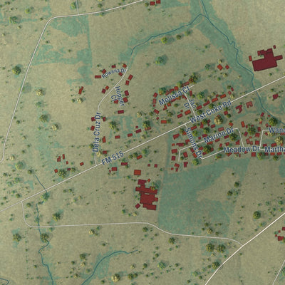 Second close-up of the map of Winnsboro, Texas print showing more streets and buildings