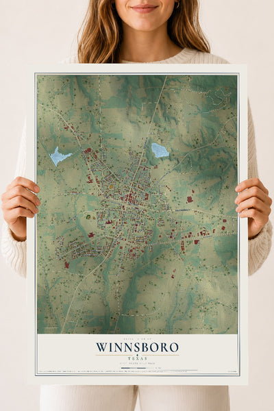 Map of Winnsboro, Texas, 18 x 24 inch unframed archival matte print