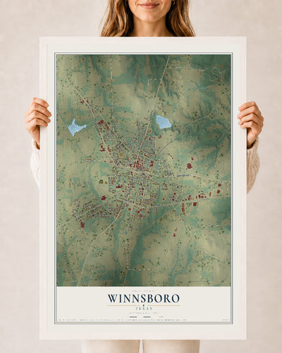Map of Winnsboro, Texas, 24 x 36 inch print in a white wood frame