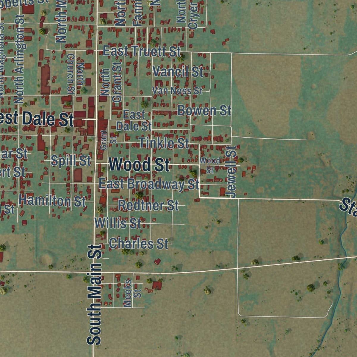 Second close-up of the map of Winters, Texas print showing more streets and buildings