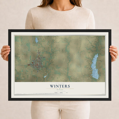 Map of Winters, Texas, 12 x 18 inch print in a black wood frame
