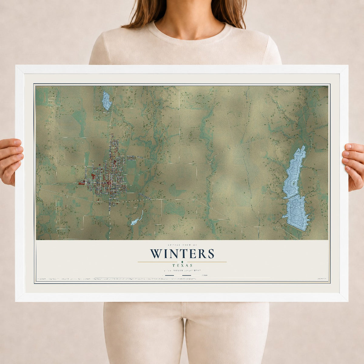 Map of Winters, Texas, 18 x 24 inch print in a white wood frame