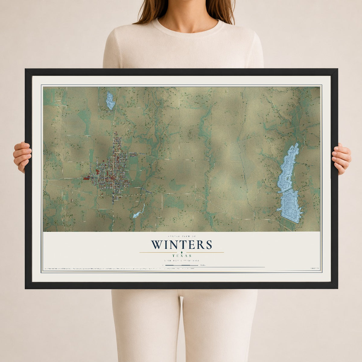 Map of Winters, Texas, 24 x 36 inch print in a black wood frame