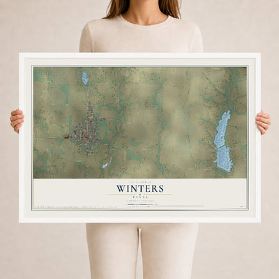 Map of Winters, Texas, 24 x 36 inch print in a white wood frame