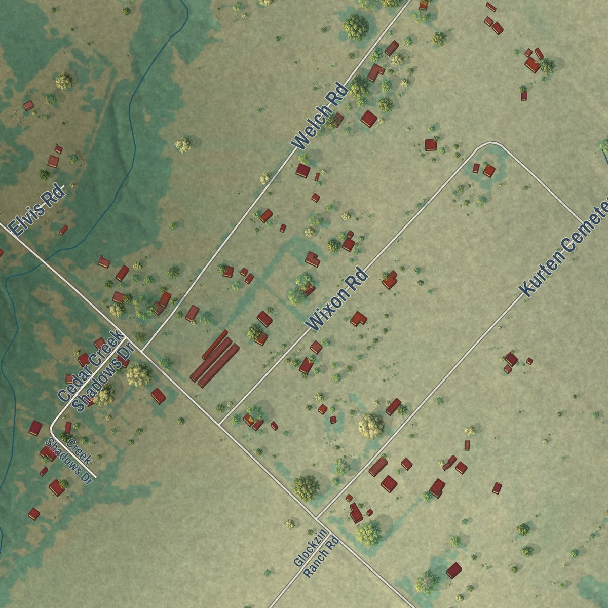 Second close-up of the map of Wixon Valley, Texas print showing more streets and buildings