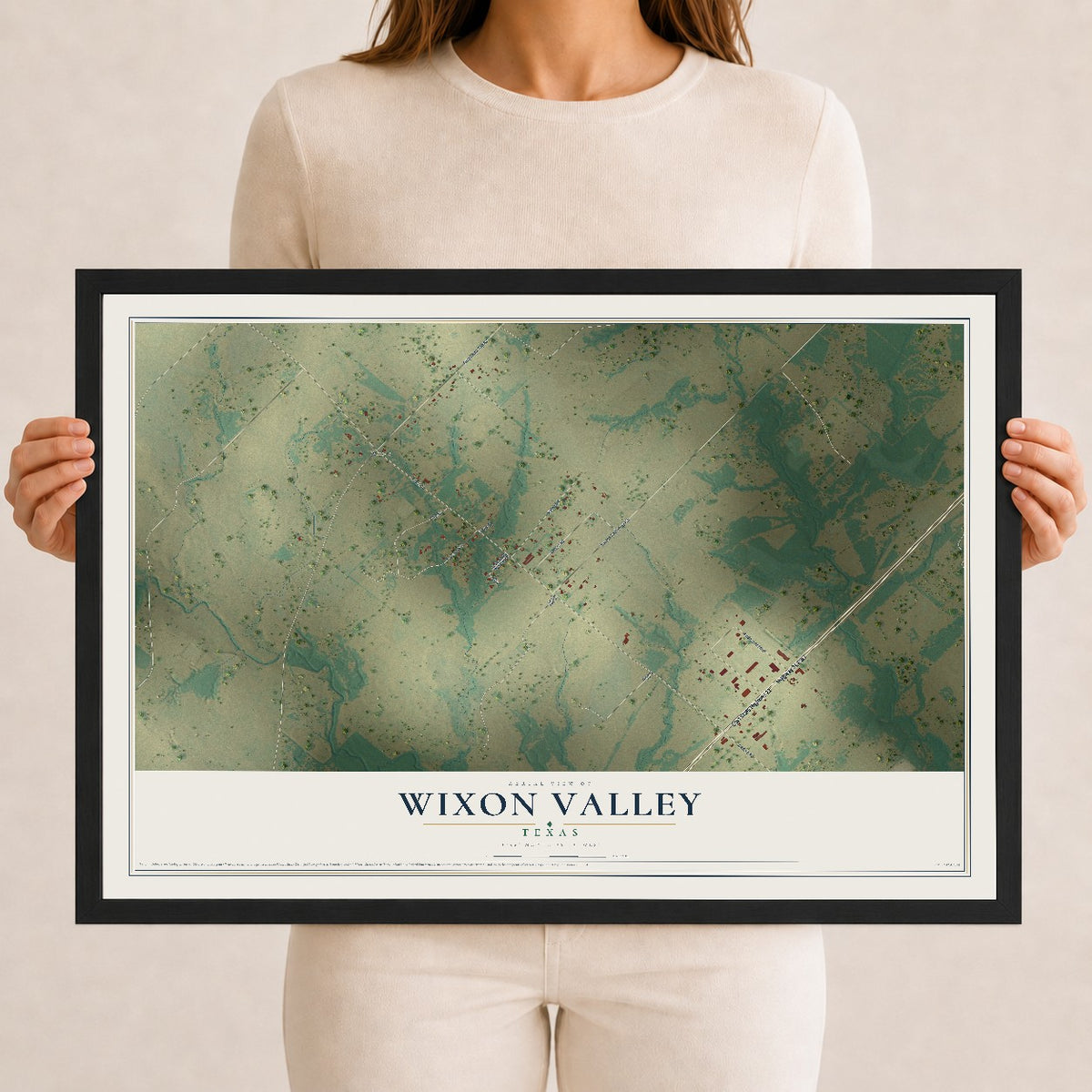 Map of Wixon Valley, Texas, 12 x 18 inch print in a black wood frame