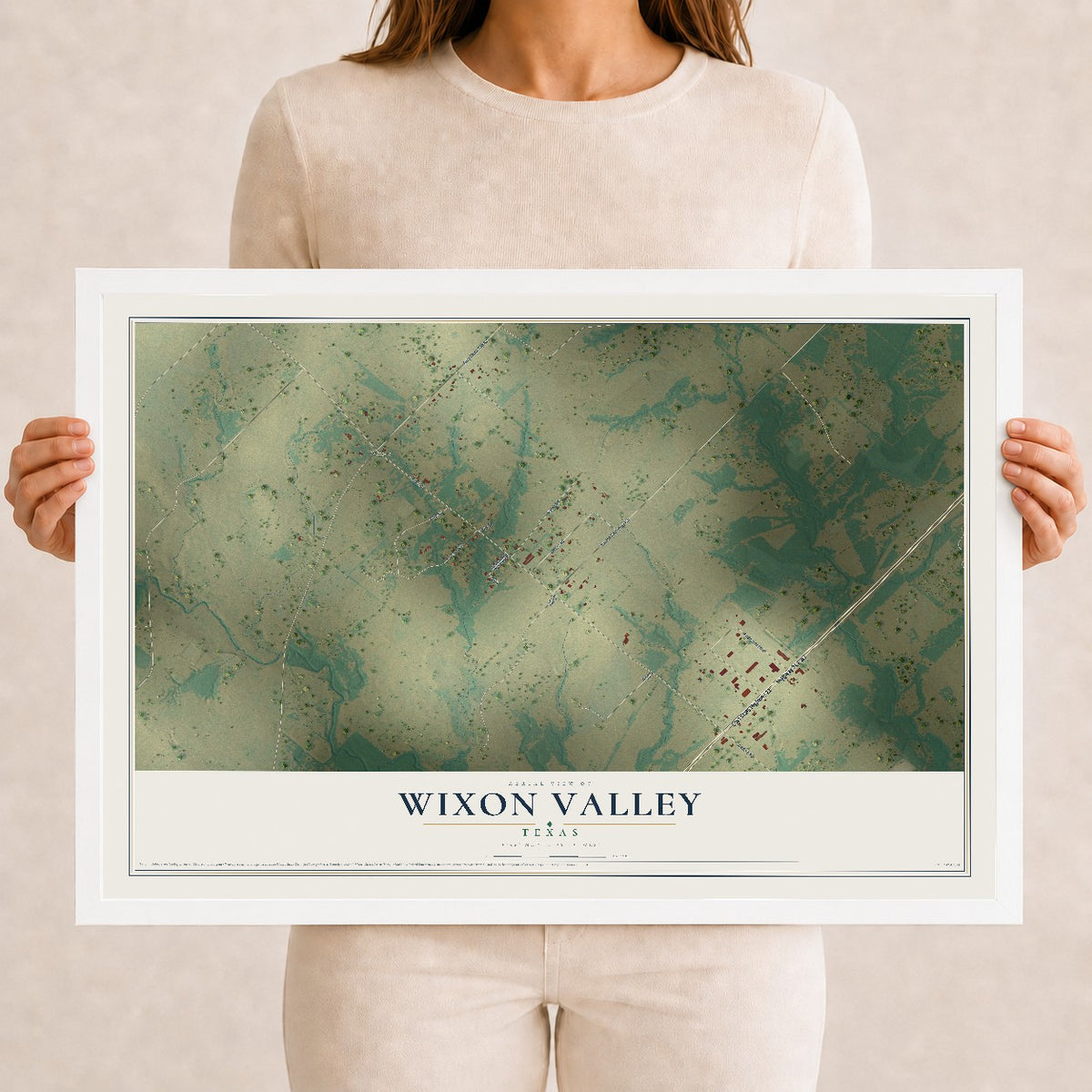 Map of Wixon Valley, Texas, 12 x 18 inch print in a white wood frame