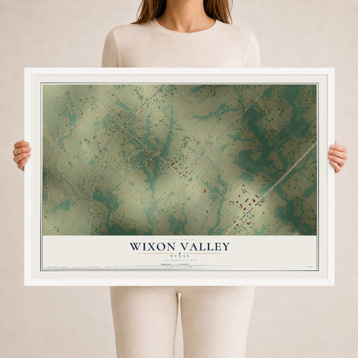 Map of Wixon Valley, Texas, 24 x 36 inch print in a white wood frame