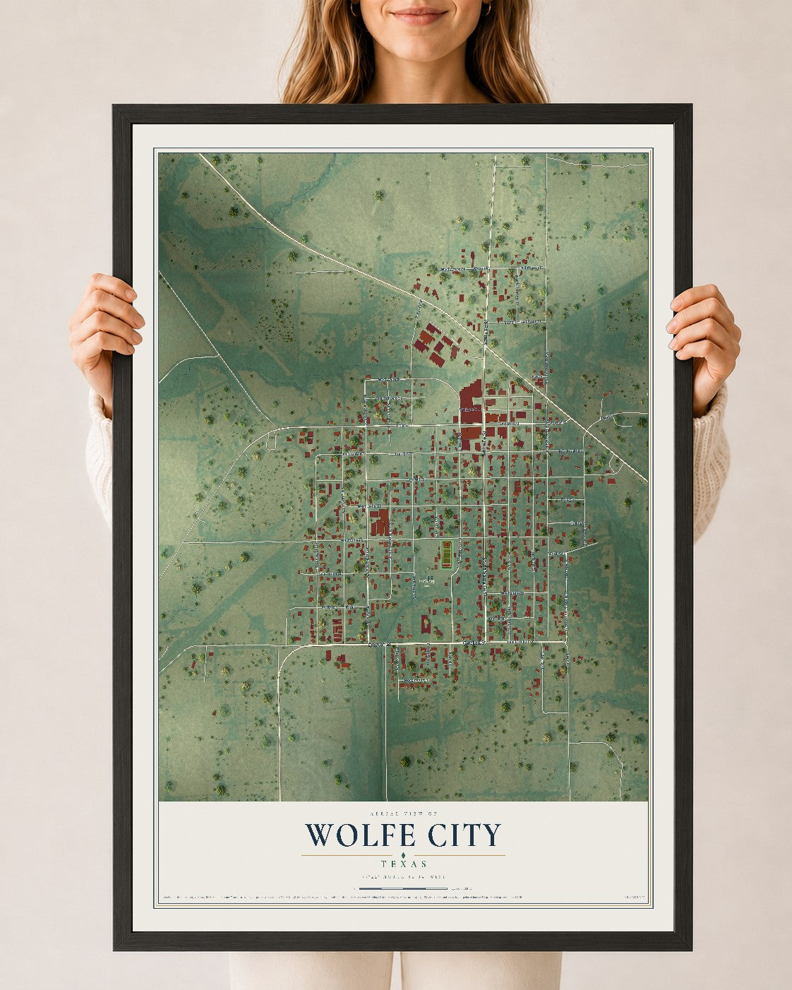 Map of Wolfe City, Texas, 24 x 36 inch print in a black wood frame