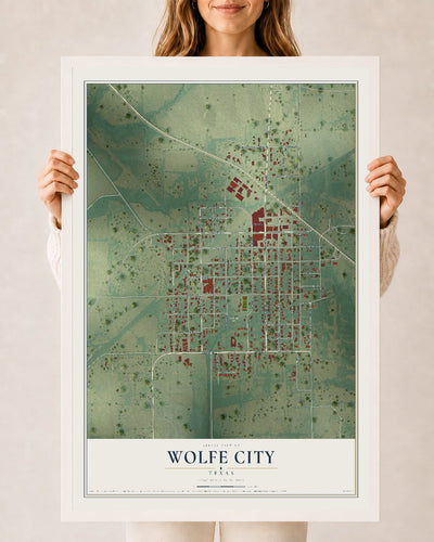 Map of Wolfe City, Texas, 24 x 36 inch print in a white wood frame