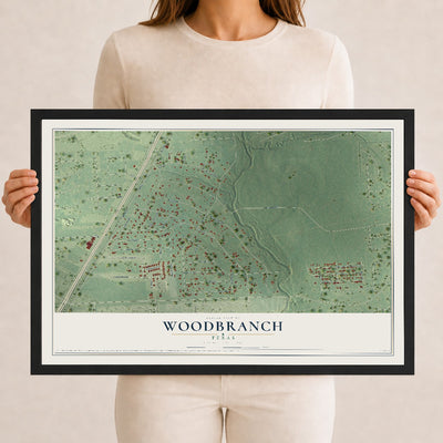 Map of Woodbranch, Texas, 12 x 18 inch print in a black wood frame