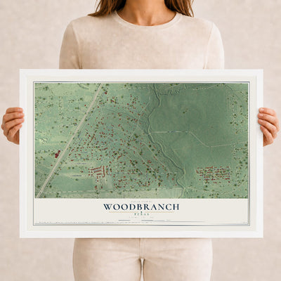 Map of Woodbranch, Texas, 12 x 18 inch print in a white wood frame