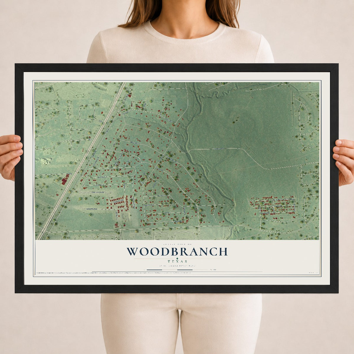 Map of Woodbranch, Texas, 18 x 24 inch print in a black wood frame