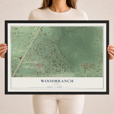 Map of Woodbranch, Texas, 18 x 24 inch print in a black wood frame