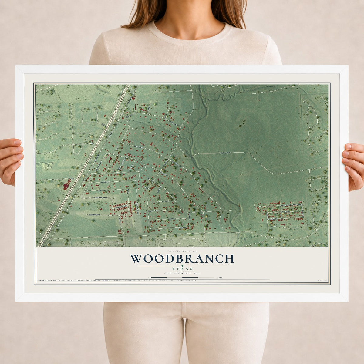Map of Woodbranch, Texas, 18 x 24 inch print in a white wood frame