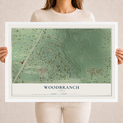 Map of Woodbranch, Texas, 18 x 24 inch print in a white wood frame