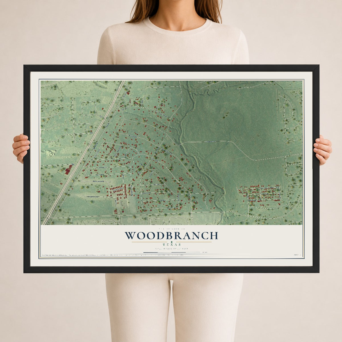 Map of Woodbranch, Texas, 24 x 36 inch print in a black wood frame