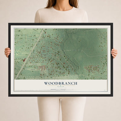 Map of Woodbranch, Texas, 24 x 36 inch print in a black wood frame