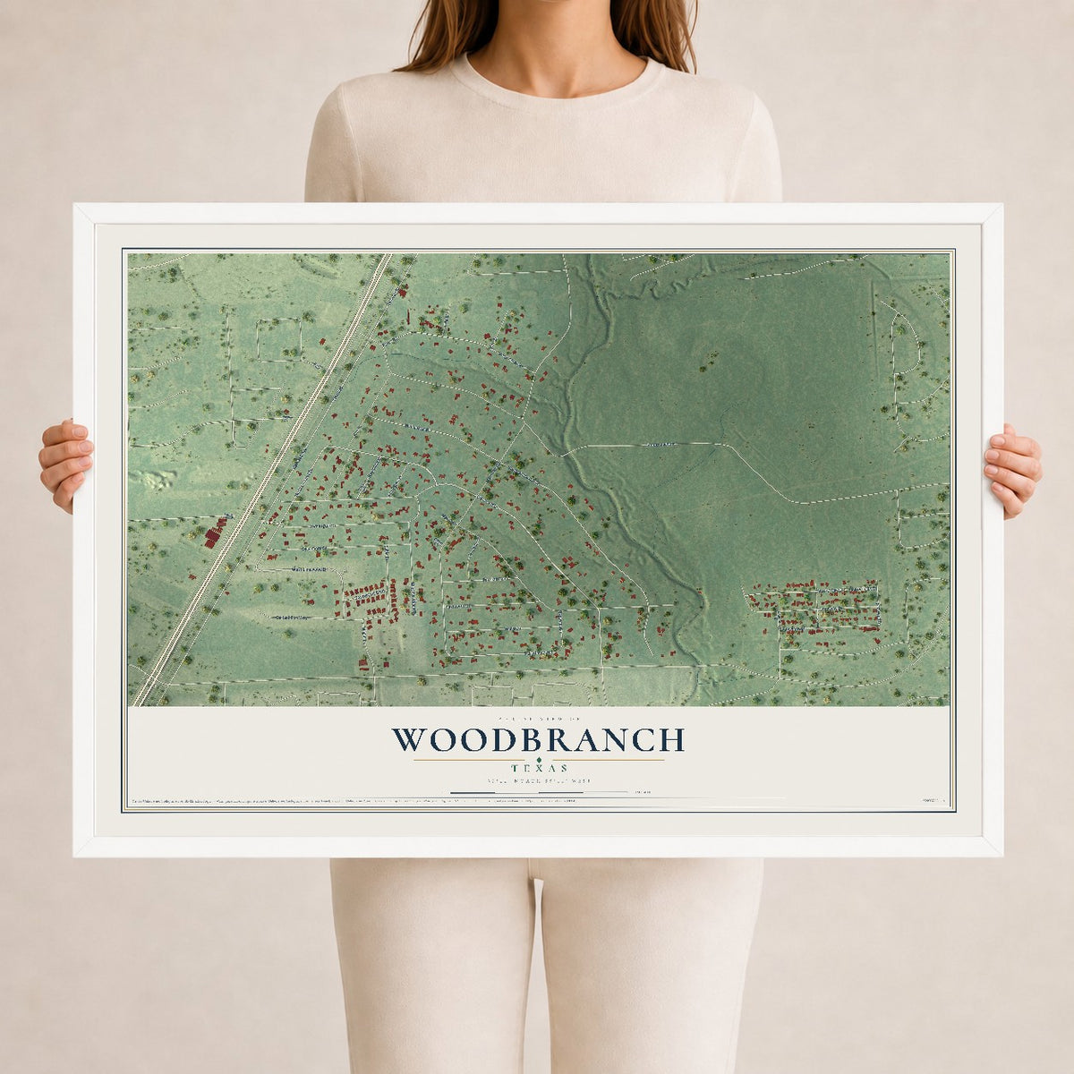 Map of Woodbranch, Texas, 24 x 36 inch print in a white wood frame