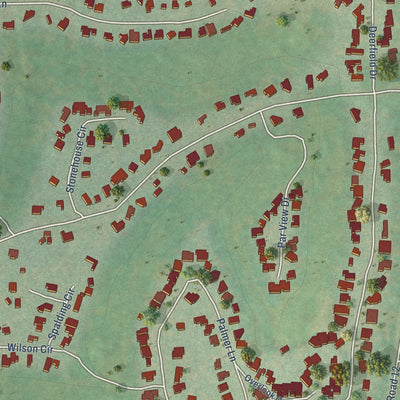 Close-up of the map of Woodcreek, Texas print showing street and building detail