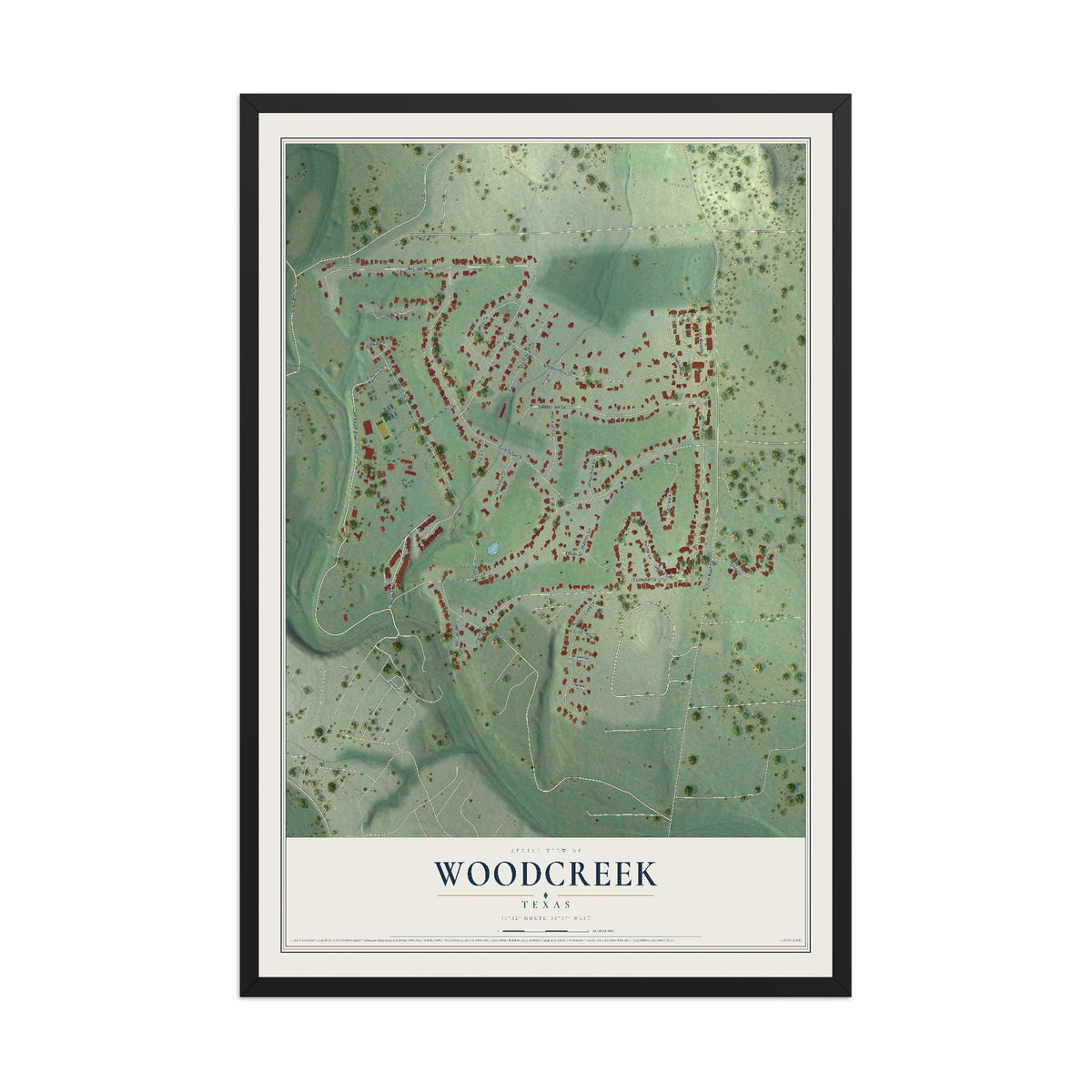 Map of Woodcreek, Texas, 12 x 18 inch print in a black wood frame