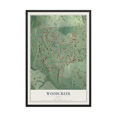 Map of Woodcreek, Texas, 12 x 18 inch print in a black wood frame