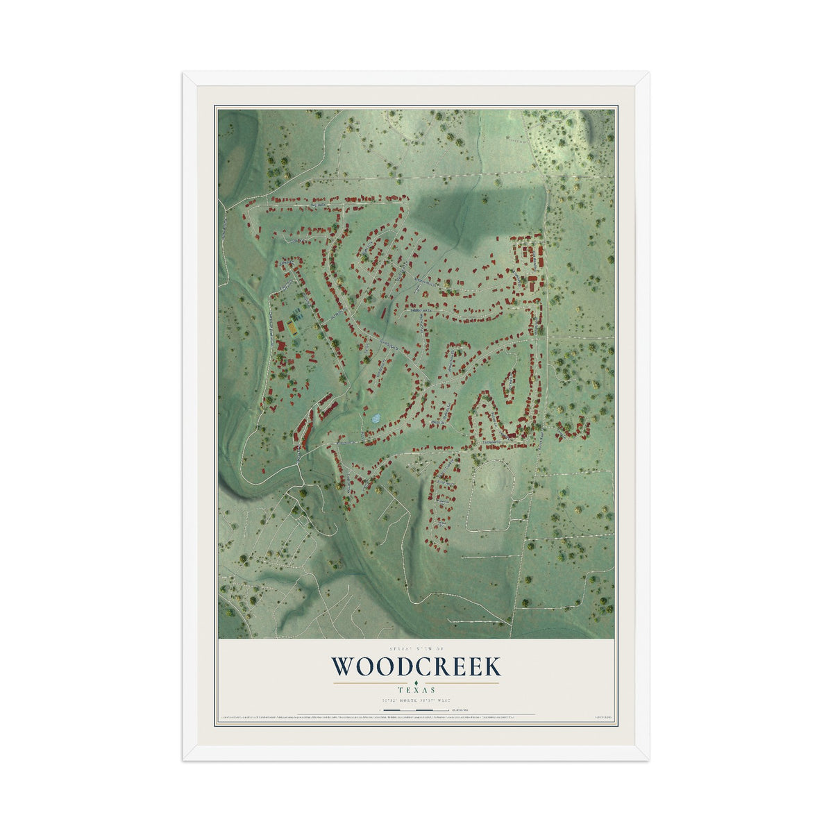 Map of Woodcreek, Texas, 12 x 18 inch print in a white wood frame