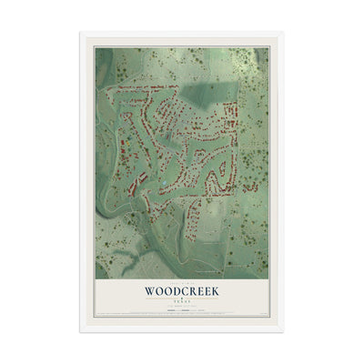 Map of Woodcreek, Texas, 12 x 18 inch print in a white wood frame