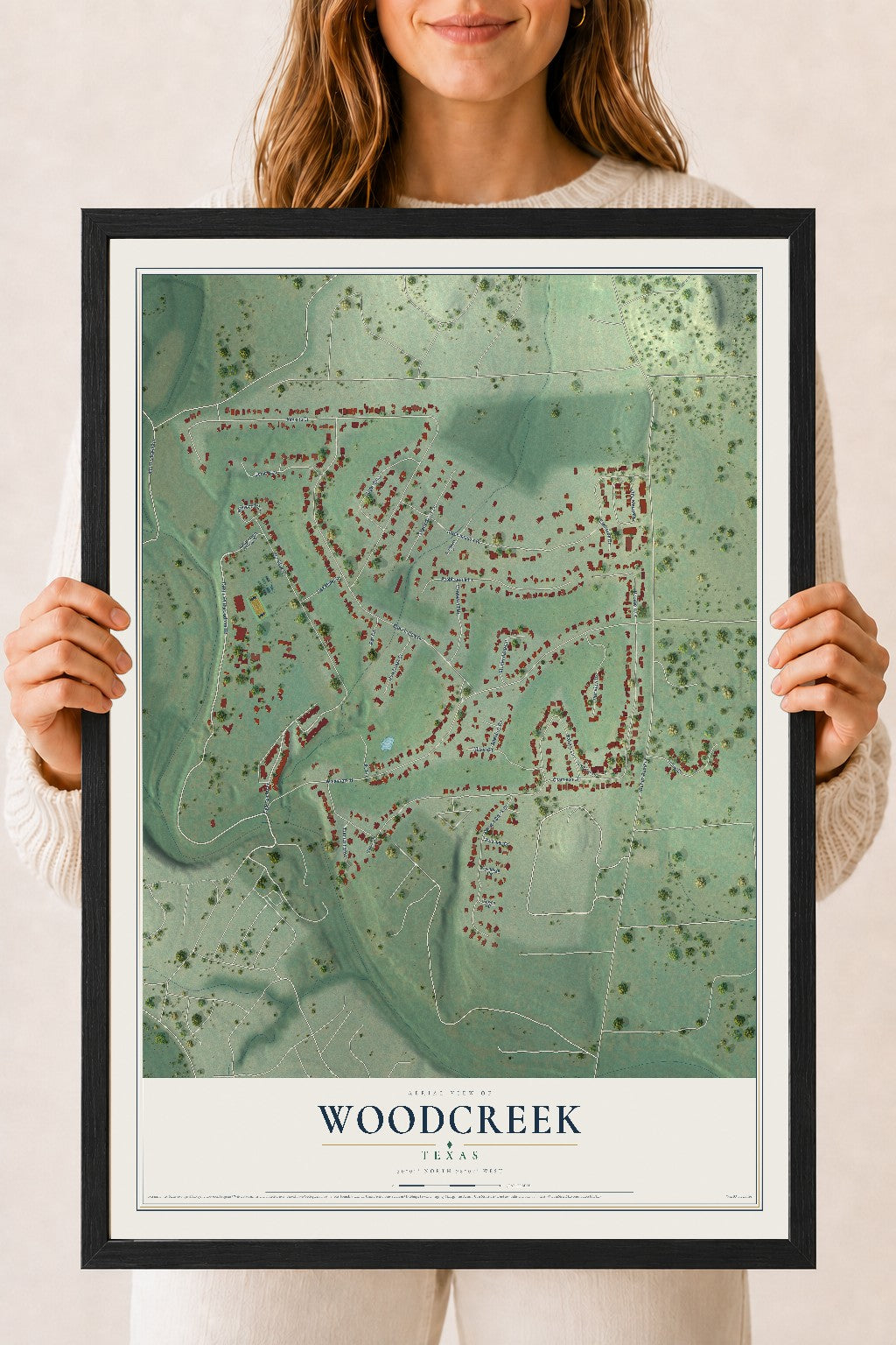 Map of Woodcreek, Texas, 18 x 24 inch print in a black wood frame