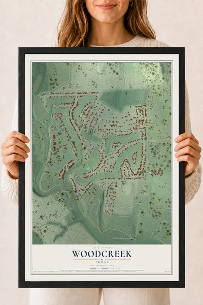 Map of Woodcreek, Texas, 18 x 24 inch print in a black wood frame