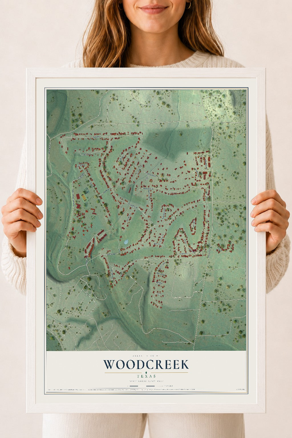 Map of Woodcreek, Texas, 18 x 24 inch print in a white wood frame