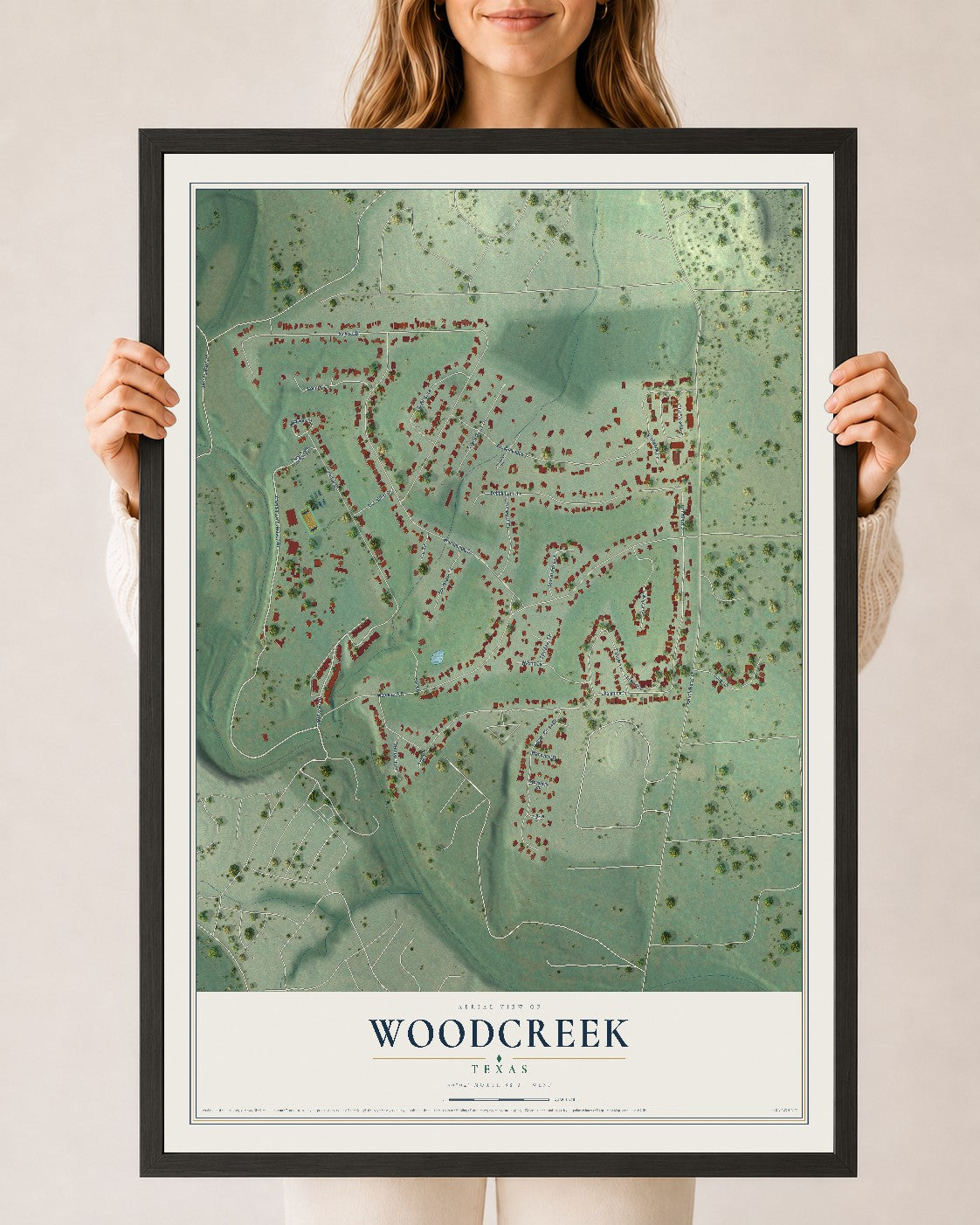 Map of Woodcreek, Texas, 24 x 36 inch print in a black wood frame