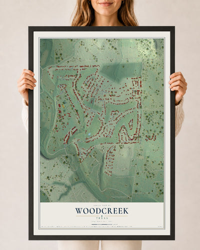 Map of Woodcreek, Texas, 24 x 36 inch print in a black wood frame