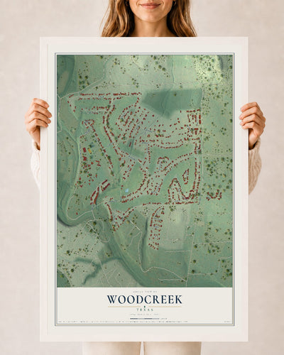 Map of Woodcreek, Texas, 24 x 36 inch print in a white wood frame
