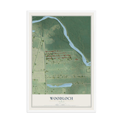 Map of Woodloch, Texas, 12 x 18 inch print in a white wood frame