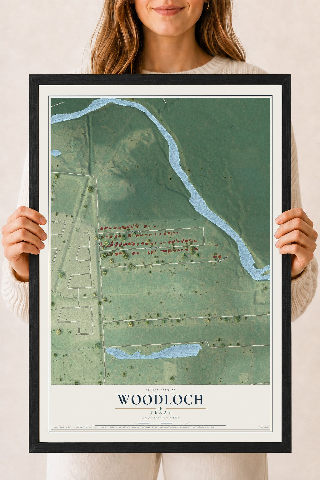 Map of Woodloch, Texas, 18 x 24 inch print in a black wood frame