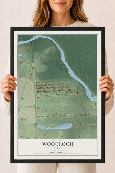 Map of Woodloch, Texas, 18 x 24 inch print in a black wood frame