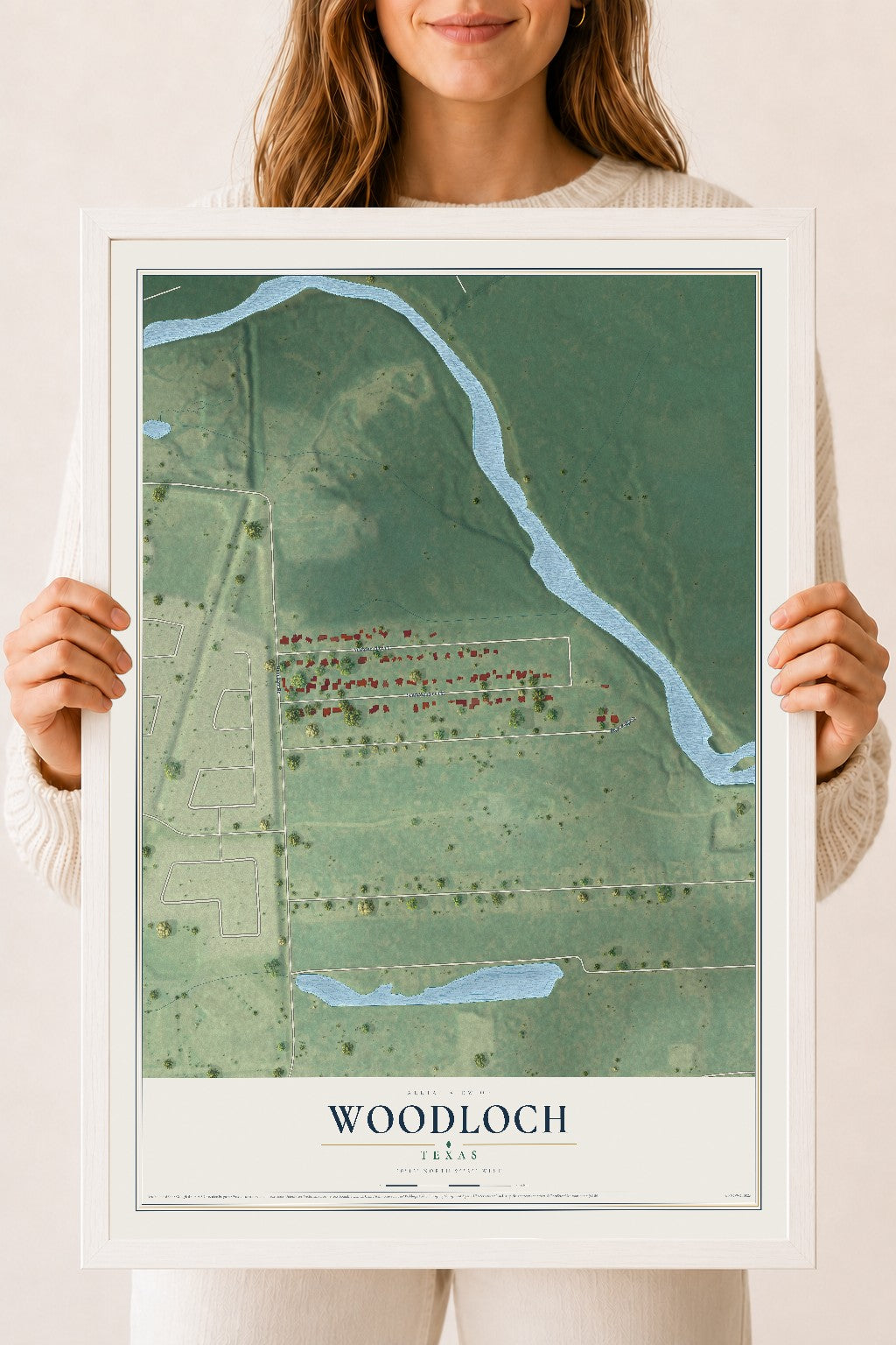 Map of Woodloch, Texas, 18 x 24 inch print in a white wood frame