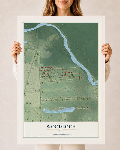 Map of Woodloch, Texas, 24 x 36 inch print in a white wood frame