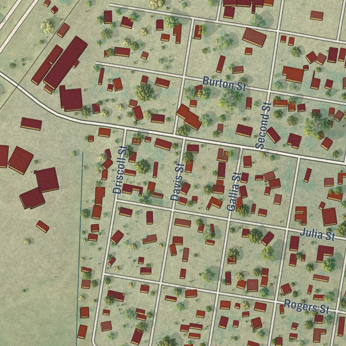 Second close-up of the map of Woodsboro, Texas print showing more streets and buildings