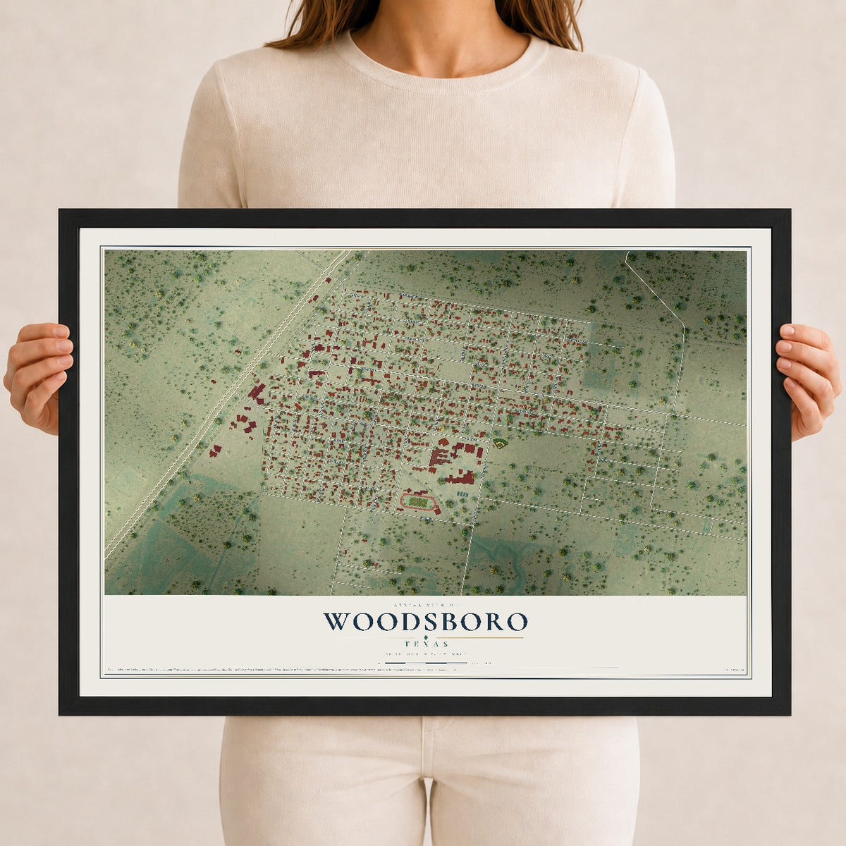 Map of Woodsboro, Texas, 12 x 18 inch print in a black wood frame