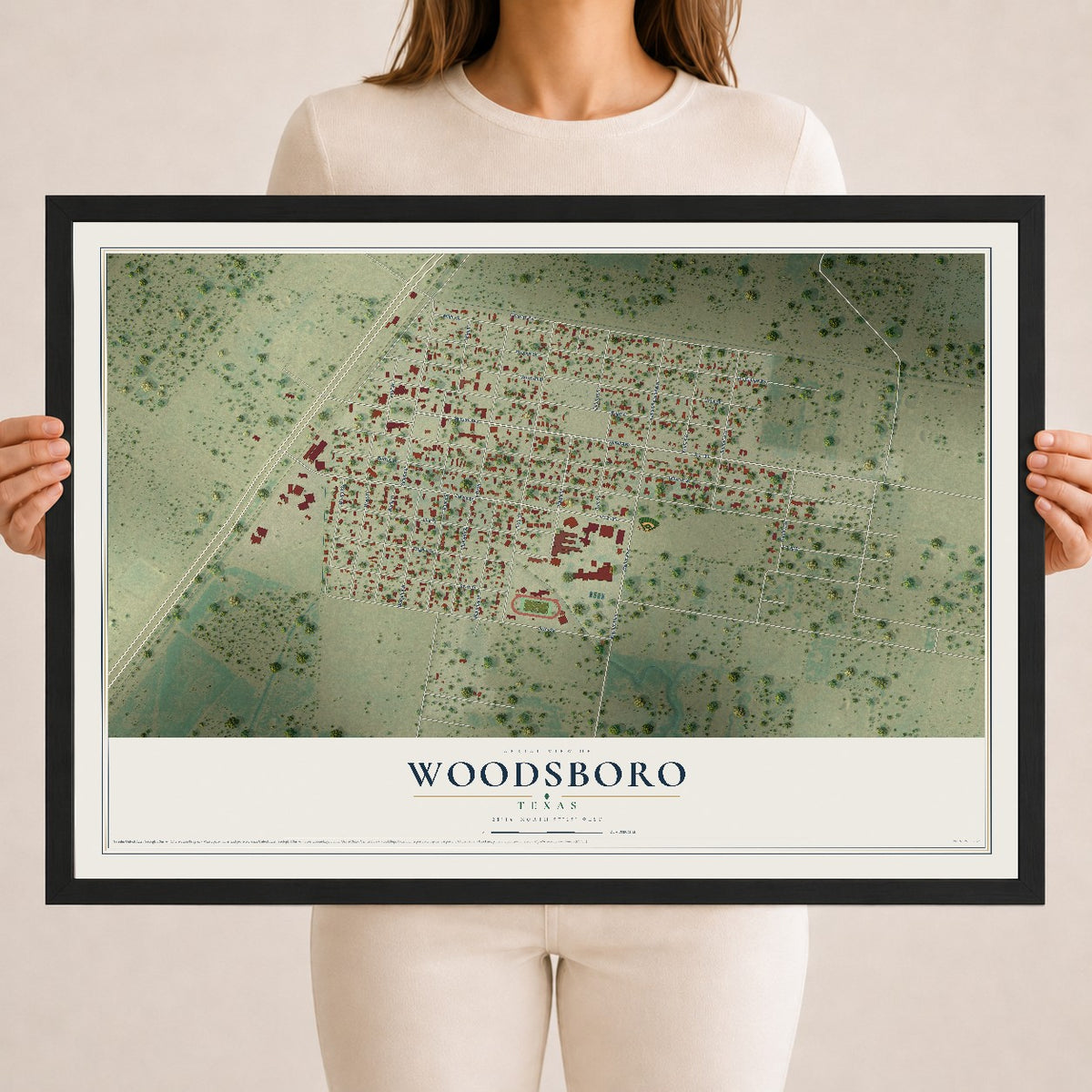 Map of Woodsboro, Texas, 18 x 24 inch print in a black wood frame