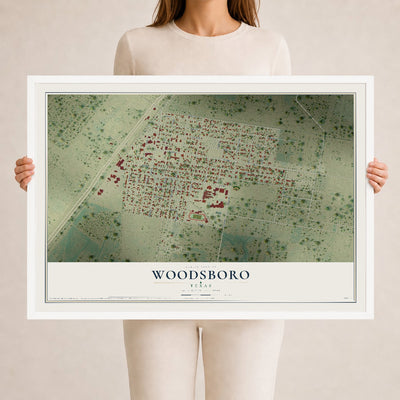 Map of Woodsboro, Texas, 24 x 36 inch print in a white wood frame