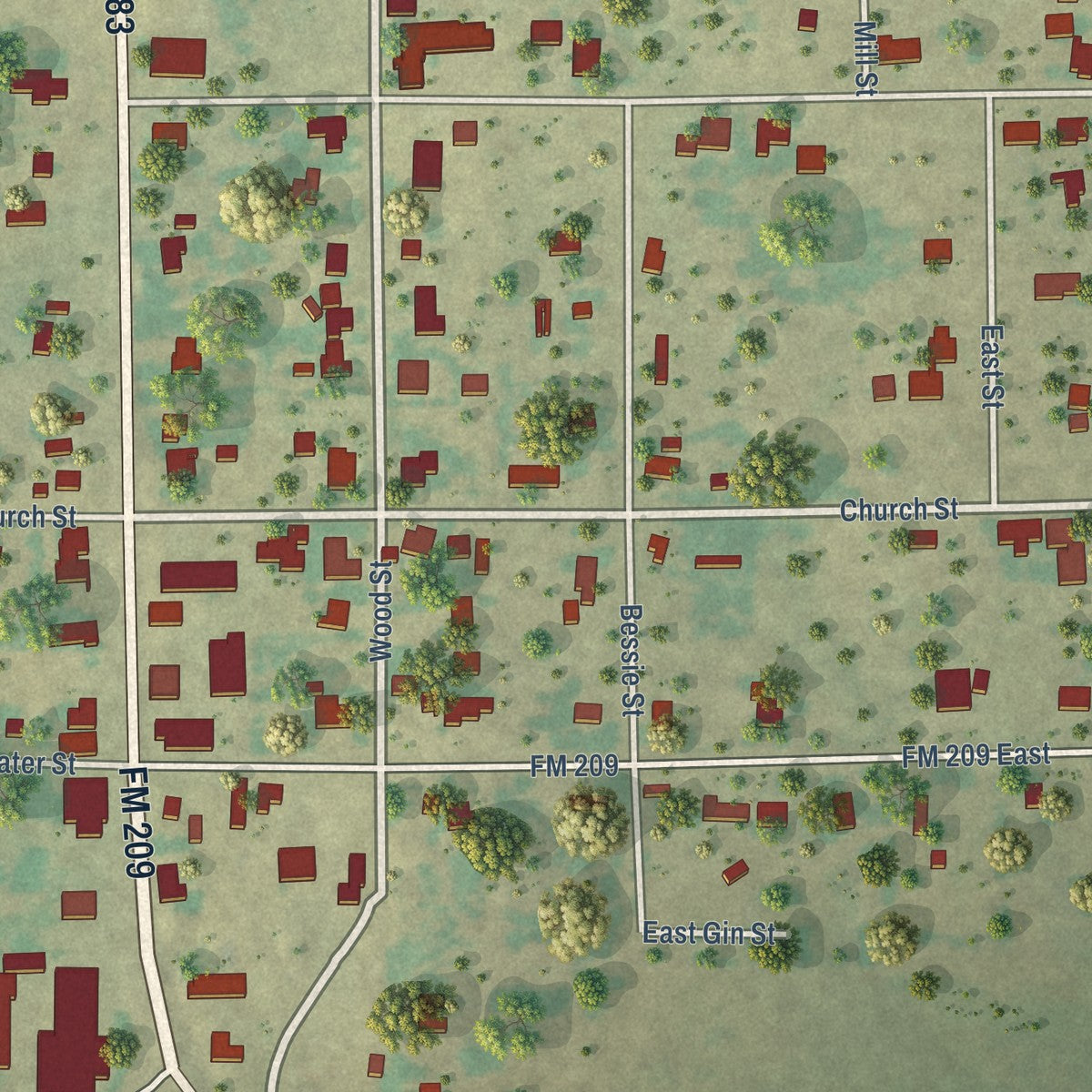 Close-up of the map of Woodson, Texas print showing street and building detail