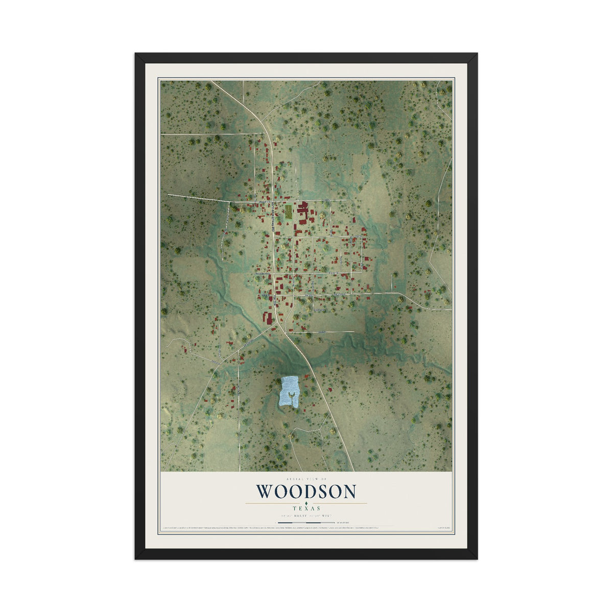 Map of Woodson, Texas, 12 x 18 inch print in a black wood frame