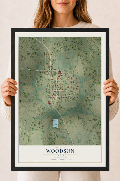 Map of Woodson, Texas, 18 x 24 inch print in a black wood frame